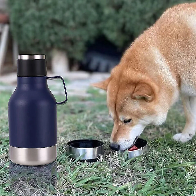 Dog Bowl Attached to Stainless Steel Insulated Travel Bottle